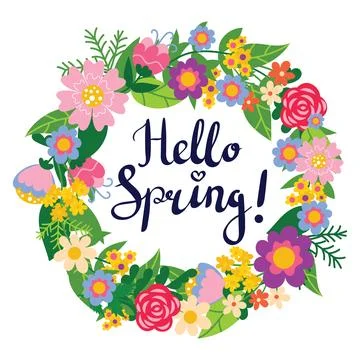 Cute Hello Spring greeting card with hand drawn lettering and floral wreath.. 스톡 일러스트