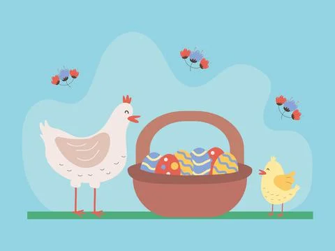 Cute hen and chick with eggs painted in basket Illustration