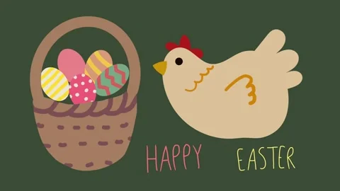Cute hen gazes at colorful Easter eggs in basket in playful Happy Easter themed Stock Footage 313112678