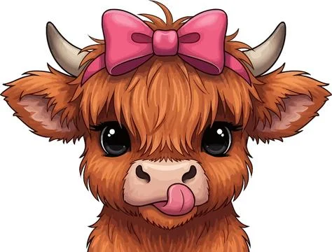 Cute Highland Cow Calf with Pink Bow, Licking its Nose, Adorable Animal Ill.. Ilustração Stock