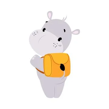 Cute Hippo Character Wearing Backpack Going to School Vector Illustration Illustrazione stock