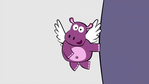 Cute hippo cupid flies and closes the curtain. Alpha channel Stock Footage 146889031