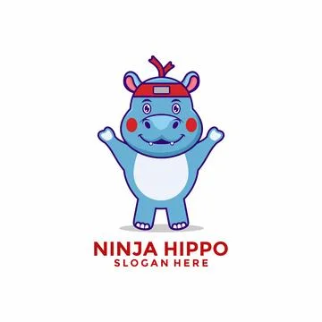 Cute Hippo Ninja Cartoon vector logo icon, cute baby Ninja hippo logo desig.. Illustrazione stock