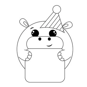 Cute Hippo with poster without text in black and white for congratulation Illustrazione stock