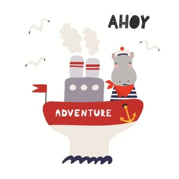 Cute hippo sailor Stock Illustration