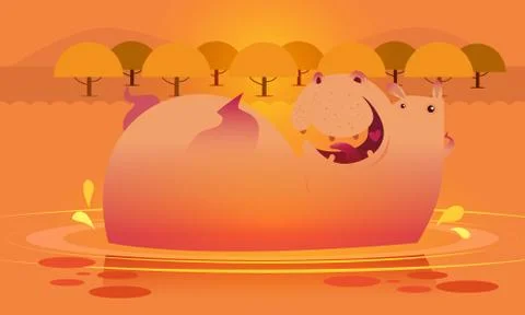 Cute hippo on the water background. Vector illustration Stock Illustration
