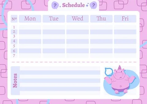 Cute Hippo Weekly Schedule Planner for Kids Cartoon Template イラスト素材
