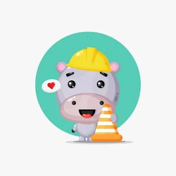 Cute hippo works in construction Stock Illustration