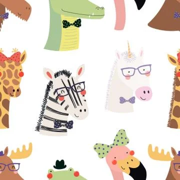 Cute hipster animals seamless pattern Stock Illustration