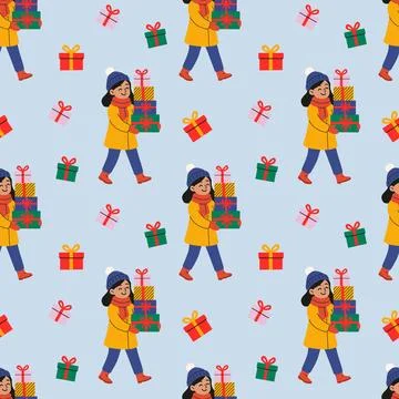 Cute holiday gift-giving pattern with girl in winter coat and presents Illustrazione stock