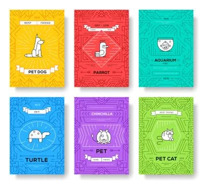 Cute home pets thin line brochure cards set. Animal template of flyear Illustrazione stock