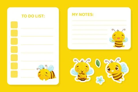 Cute Honey Bee Notes and To Do List Page Design with Busy Insect Vector Template Stock Illustration