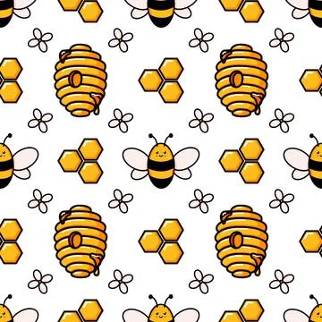 Cute honey bee seamless pattern. Vector doodle cartoon beehive, flowers and イラスト素材