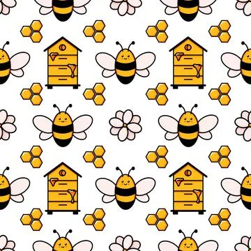 Cute honey bee seamless pattern. Vector doodle cartoon beehive, flowers and イラスト素材