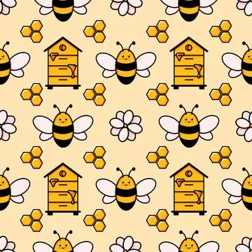 Cute honey bee seamless pattern. Vector doodle cartoon beehive, flowers and Stock Illustration
