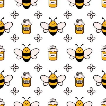Cute honey bee seamless pattern. Vector doodle cartoon beehive, flowers and Stock Illustration