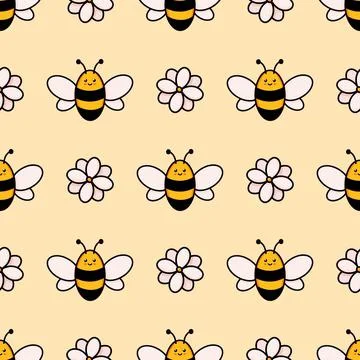 Cute honey bee seamless pattern. Vector doodle cartoon flowers and bumblebees Stock Illustration