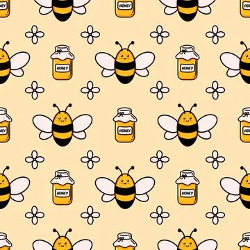 Cute honey bee seamless pattern. Vector doodle cartoon beehive, flowers and 스톡 일러스트