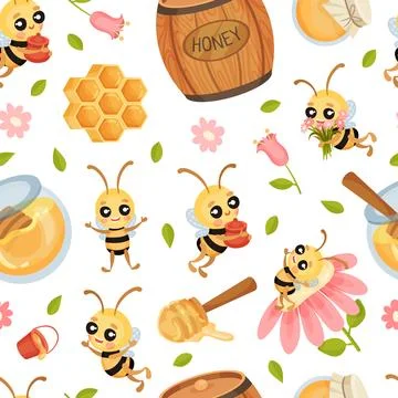 Cute Honey Bee Seamless Pattern Design with Busy Insect and Natural Sweet Food Stock Illustration