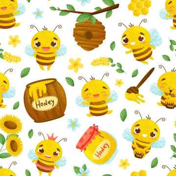 Cute Honey Bee Seamless Pattern Design with Busy Insect and Natural Sweet Food Stock Illustration