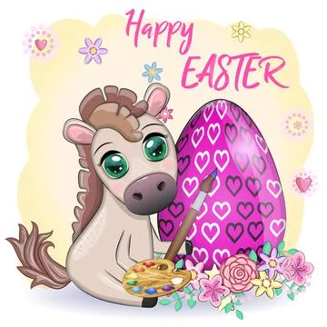 Cute horse with an Easter egg. Easter character and postcard Stock Illustration