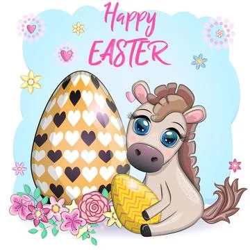 Cute horse with an Easter egg. Easter character and postcard Stockillustratie