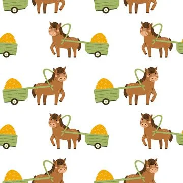 Cute horse pattern with a cart of hay. Stock Illustration