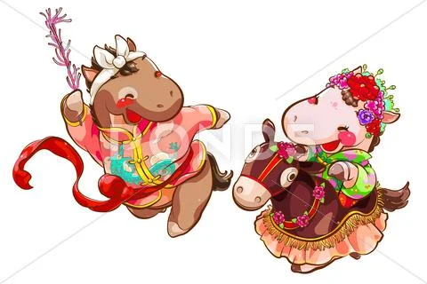Cute horses dancing on New Year's Day Stock Illustration
