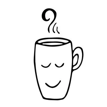 Cute hot Tea or coffee cup with smile face vector doodle hand drawn line illu Stock Illustration