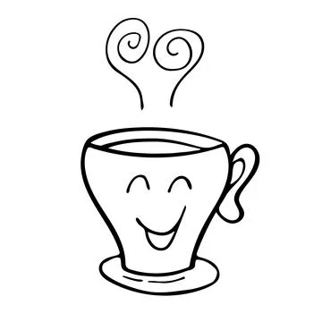 Cute hot Tea or coffee cup with smile face vector doodle hand drawn line illu Stock Illustration