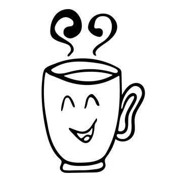 Cute hot Tea or coffee cup with smile face vector doodle hand drawn line illu Stock Illustration