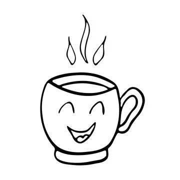 Cute hot Tea or coffee cup with smile face vector doodle hand drawn line illu Stock Illustration