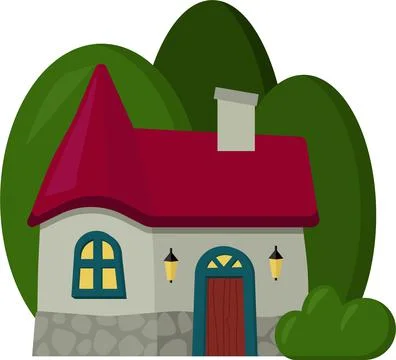 Cute house on the background of trees and bushes. A small house in the forest Stock Illustration