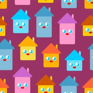 Cute house pattern. funny home cartoon style background. Baby cloth texture.  Stock Illustration