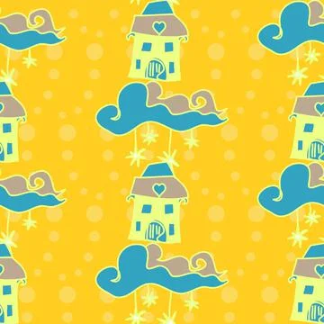 Cute House Vector Repeat Pattern With Clouds And Stars Stock Illustration