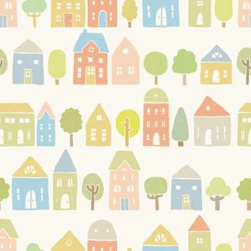 Cute houses and trees pattern Stock Illustration