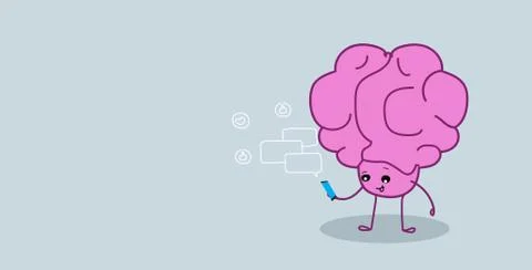 Cute human brain organ using smartphone mobile app chat bubble online Illustrazione stock