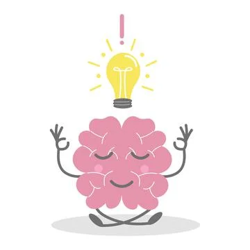 Cute human brain in yoga pose with bulb, funny character. Good idea concept Stock Illustration