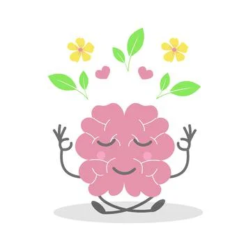 Cute human brain in yoga pose with leaves, heart and flowers, funny character Stock Illustration