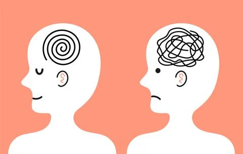 Cute human character with tangle of messy thoughts and clear mind in head Stock Illustration