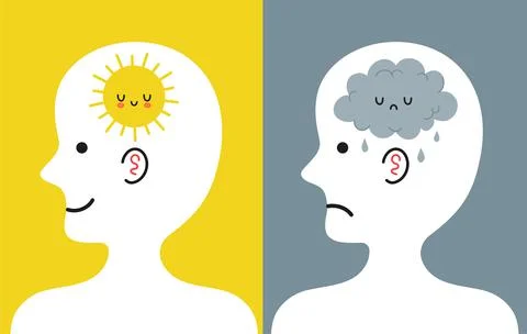 Cute human head in profile with sun and rain cloud inside. Good and bad mood Stock Illustration
