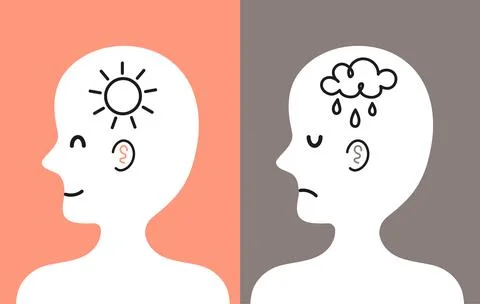 Cute human head in profile with sun and rain cloud inside. Good and bad mood Stock Illustration