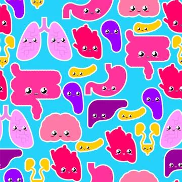 Cute Human Internal organs pattern seamless. Anatomy background cartoon style Stock Illustration
