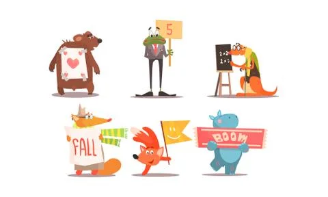 Cute humanized animals set, funny animals with different signs vector Stock Illustration