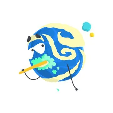 Cute humanized blue planet character brushing its teeth, sphere with funny face Stock Illustration