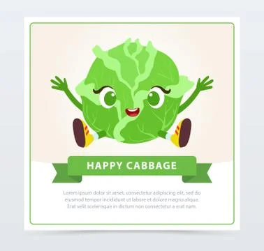Cute humanized cabbage vegetable character, happy cabbage banner flat vector Ilustración de archivo