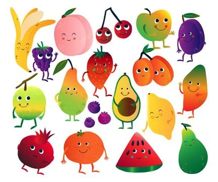 Cute Humanized Fruit with Smiling Face Big Vector Set Illustrazione stock