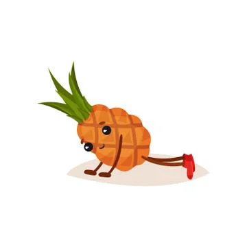 Cute humanized pineapple doing push ups. Cartoon character of tropical fruit Stock Illustration