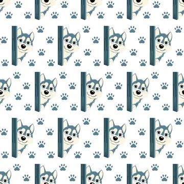 Cute husky dog seamless pattern with paws. Stock Illustration