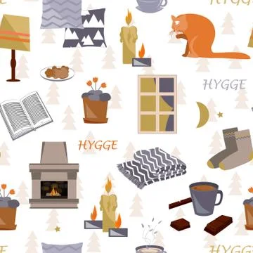 Cute hygge seamless pattern. Cosy home Stock Illustration
